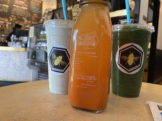 L to r snickerdoodle smoothie, bee grateful, green and good smoothie.