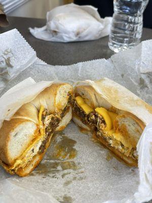 Chorizo, Egg and Cheese on plain bagel