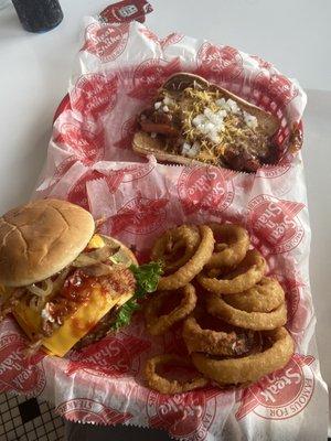 Double cheeseburger and a chili dog onion rings