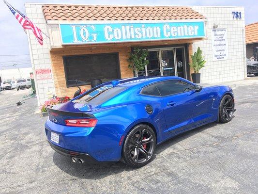 Beautiful color on this Chevy Camaro. We replaced the rear bumper with a seamless match!