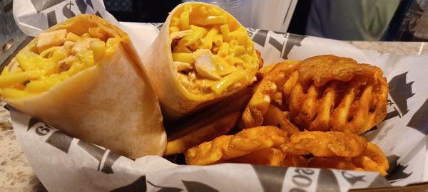 M$T Chicken Wrap with Bobby's sauce and Mac & Cheese, side of waffle fries.