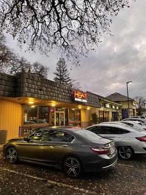 Front of the restaurant and parking lot