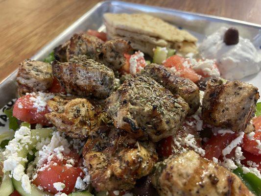 Chicken souvlaki over Greek salad from Yasou!!!