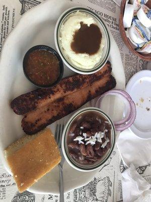 Grilled smoke sausage, red beans & rice, mashed taters w/ gravy