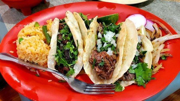 Barbacoa and lengua taco plate