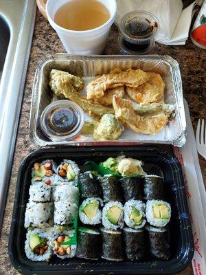 Two avocado rolls, a peanut avocado roll, veggie tempura appetizer, and miso soup