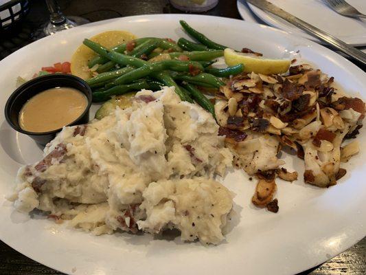 Almond bacon grouper with veggies and garlic mashed