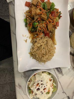 Thai basil fried rice with tofu - comes with the choice of salad or soup