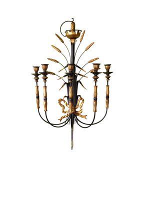 Fine italian wood and gilded metal wall candelabra with metal ribbon and wheat sheaf detail.