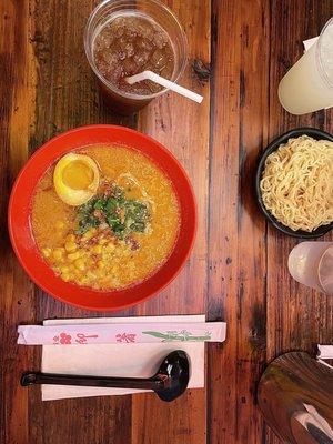 "Too spicy" with corn. Ginger tea. Extra noodles.