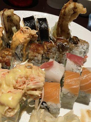 spider roll, firecracker shrimp roll, shrimp tempura roll, crunchy eel roll and sunshine roll