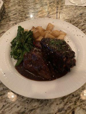 Lamb shanks, broccolini and potatoes