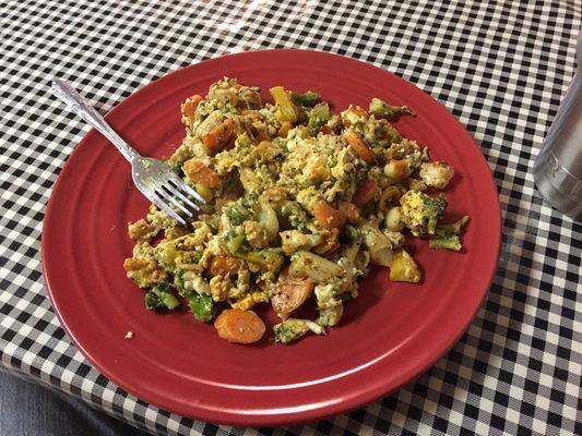 This is an off the menu healthy breakfast. Scrabbled eggs with grilled veggies - broccoli, carrots, squash n cauliflower. Very good.