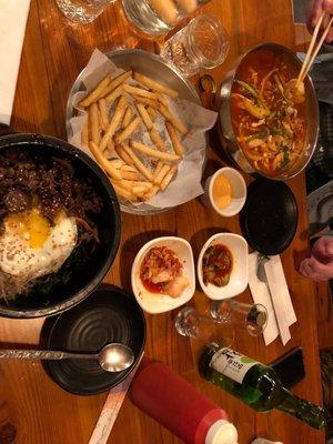 Hot Stone Bibimbap, Truffle Parmesan Fries, Spicy Seafood Soup