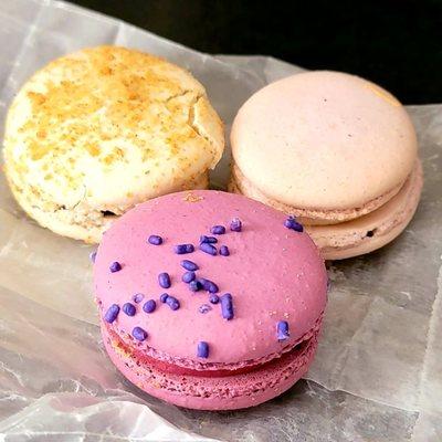 S'mores, lavender, and blackberry macarons