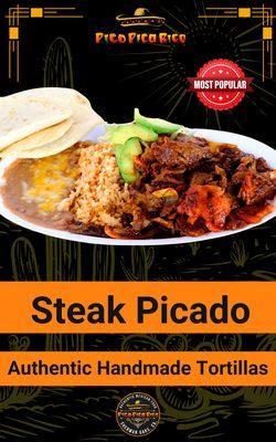 Steak onion tomato stewed in a soft tomato sauce that gives a kick served with rice beans and handmade tortillas