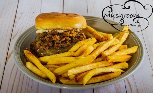 Mushroom and Swiss burger and house cut fries.