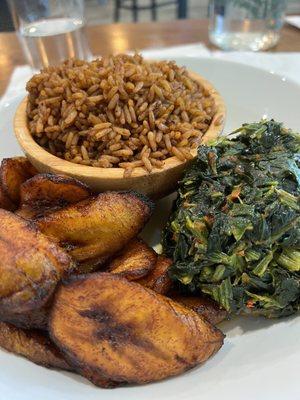 Efo Riro Plantains entree with a side of Jollof rice