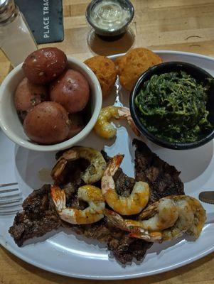 Yummy steak and shrimp nice and fresh with yummy spinach and garlic potatoes