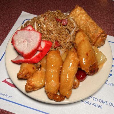 A3. Egg Roll, Pork Strips, Sweet and Sour Pork or Chicken, and Pork Fried Rice Combo Plate