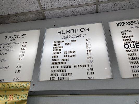 Burrito menu