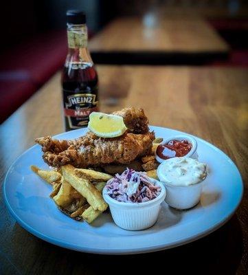 FISH & CHIPS | crispy tempura battered cod + double cooked chips + tartar sauce + served with malt vinegar