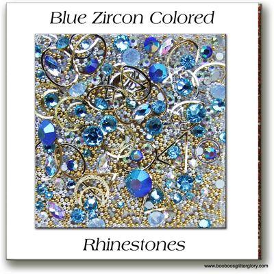 12 Blue Zircon Embellishment Goodies, has 13g. of AB crystals, rhinestones, mini-beads, embellishments & mini-crystals.