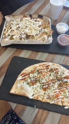 Buffalo chicken flatbread and potato chip nachos