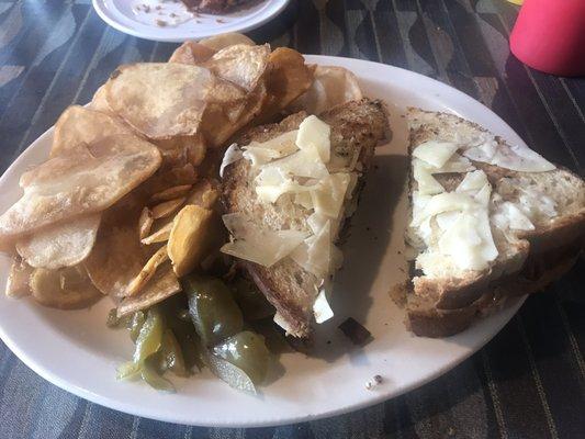 BLT grill cheese with cheese on the top bread and pub chips. Holy Moly this was delicious.