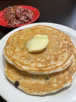 Blueberry pancakes and Homemade corn beef hash