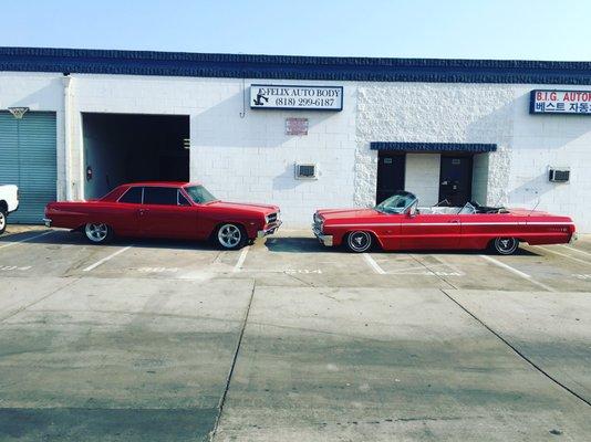 Front of shop with our car on the right and a car we did on the left.