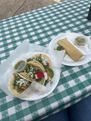 3 tacos: 2 carne asada, 1 pollo 1 tamale: chicken & green salsa