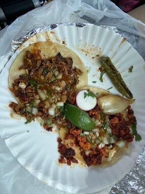 Pastor taco and chorizo taco