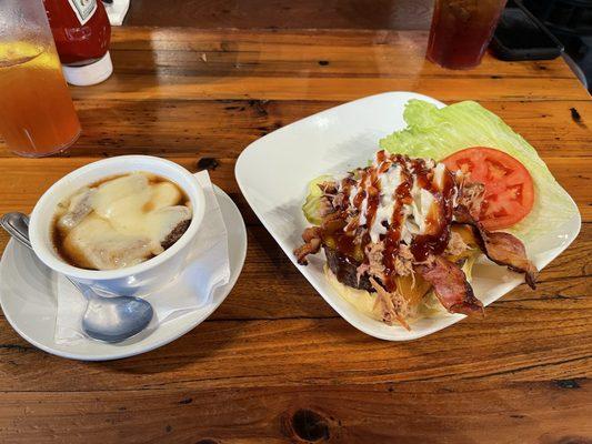 BBQ Burger and French onion soup.