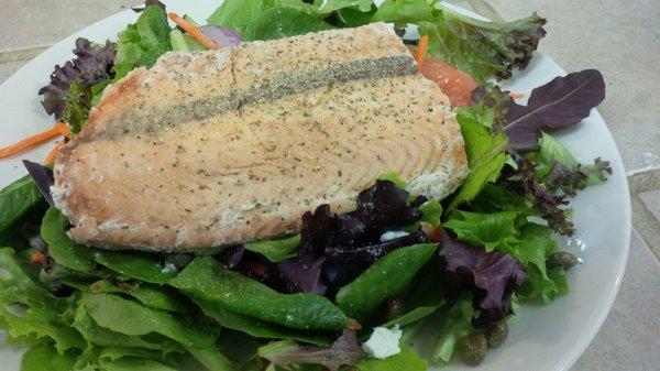 Poached Salmon on a bed of green with walnut , cranberries, and feta with a balsamic vinaigrette