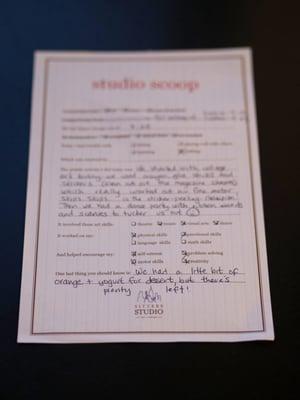 studio scoop - a report card with all the babysitting details a parent could want