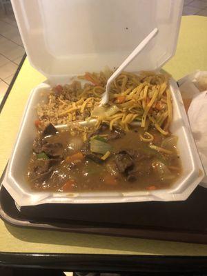 Curry beef with lo mein and shrimp fried rice