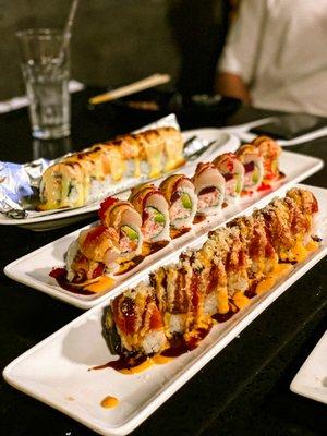 lion king roll, marvel roll, and dragon roll