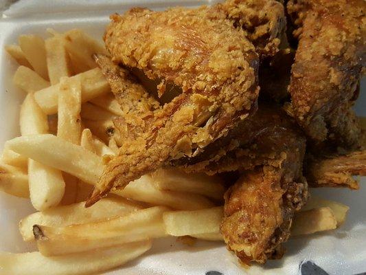 Alot of food for the money. Pic is deceiving. 4 good size wings and fries.