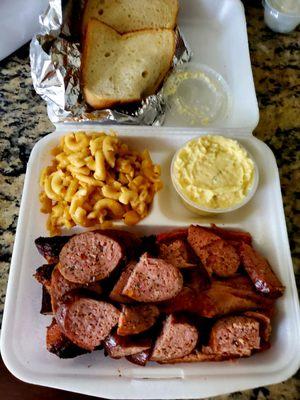 3 meat plate. Dark Meat chicken, brisket, and sausage. Yummerz...