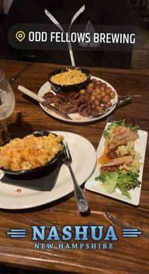 Pork belly tacos, Mac and cheese, grilled steak tips