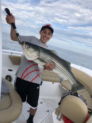 My son with his 40", fat striper on the Salty Lewer! 7/16/19