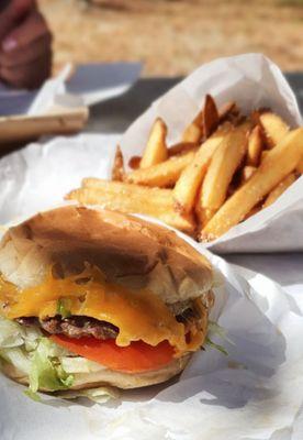 Single cheeseburger with side of parmesan fries, $6.99