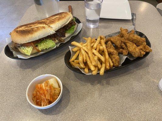 Bulgogi sandwich, taste of Kimchi, chicken strips and fries