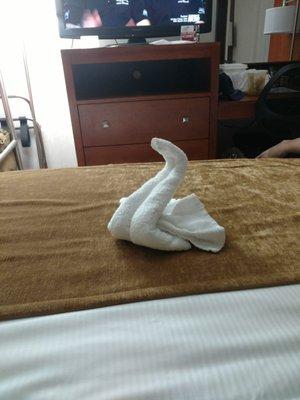 Cute swan towel on he'd when we arrived