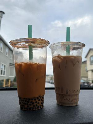 Left: thai tea w/ boba (small pearl) Right: Almond milk tea w/ coconut jelly