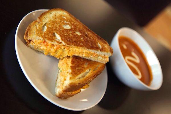 Buffalo Chicken Grilled Cheese and our tomato bisque!