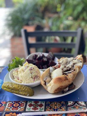 Philly Cheese Steak with Beets and Potato Salad