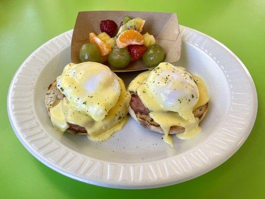 Eggs Benedict with house-cured Canadian bacon and fruit salad