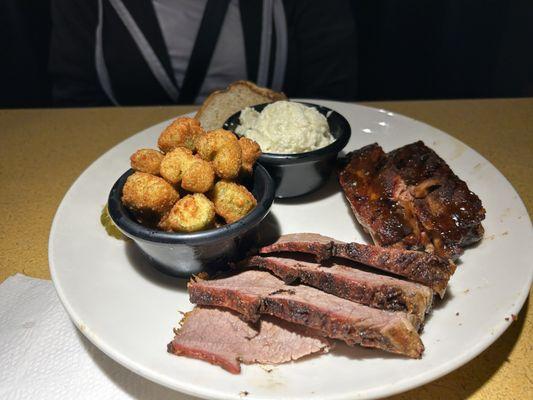 Ribs, brisket, fried okra and potato salad